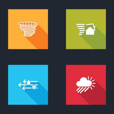 Tornado 'yu, girdabı, rüzgarı ve yağmuru kar ve bulutlu güneş ikonuyla ayarla. Vektör.