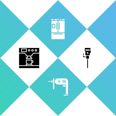 Kahve makinesi ve fincanı ayarla, elektrikli matkap, buzdolabı ve inşaat matkabı. Vektör.