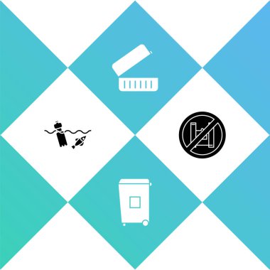 Okyanus kirliliğini, çöp tenekesini, beslenme çantasını ayarlayın ve plastik torba poster ikonuna hayır deyin. Vektör.