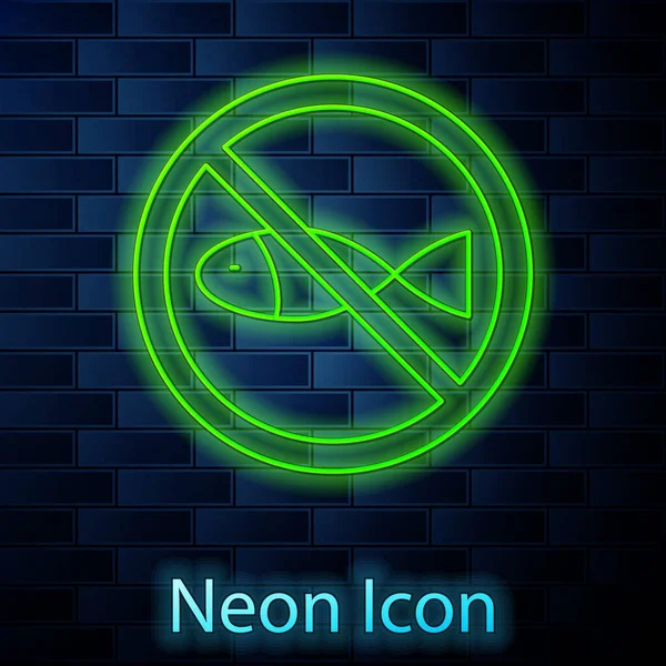 Gloeiende Neon Lijn Geen Visserij Pictogram Geïsoleerd Baksteen Muur Achtergrond — Stockvector