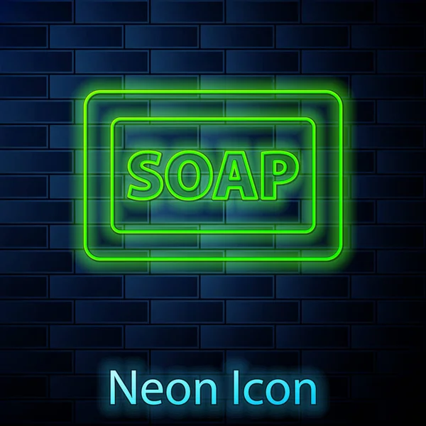 Ragyogó Neon Vonal Szappan Ikon Elszigetelt Téglafal Háttér Szappantartó Buborékokkal — Stock Vector