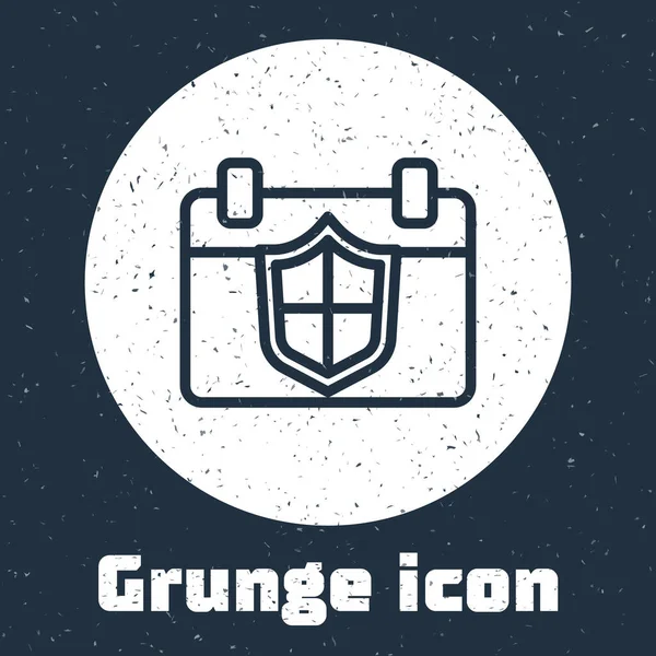 Calendario Línea Grunge Con Icono Escudo Aislado Sobre Fondo Gris — Vector de stock