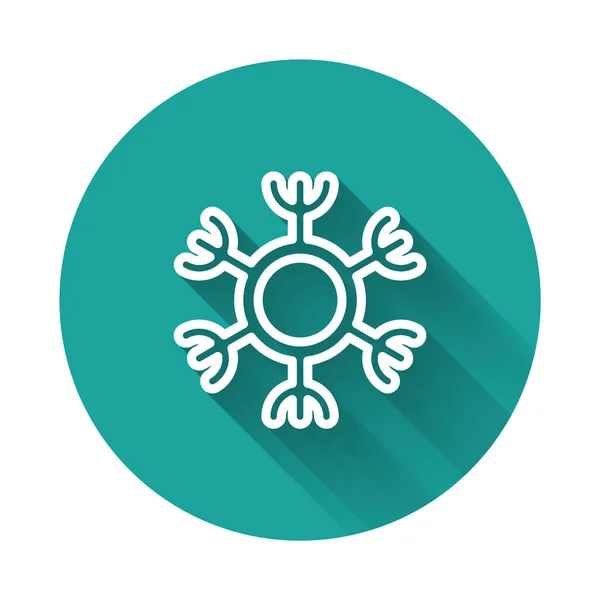 Vit Linje Snowflake Ikon Isolerad Med Lång Skugga Grön Cirkel — Stock vektor