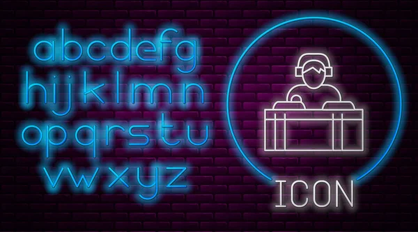 Ragyogó Neon Vonal Visel Fejhallgató Előtt Rekord Fedélzetek Ikon Elszigetelt — Stock Vector