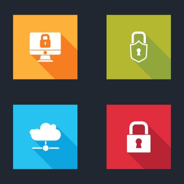 Kilidi bilgisayar monitörüne, Ağ Bulutu bağlantısına ve simgeye ayarla. Vektör.