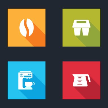 Kahve çekirdekleri, paket kahve fincanı, makine ve esrar ikonu. Vektör.