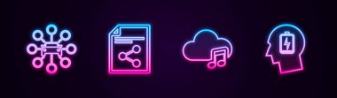 Hat Araba Paylaşımı, Paylaşım Dosyası, Müzik Akımı Servisi ve Şarjı Düşük Baş. Parlayan neon ikonu. Vektör.
