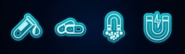 Test tüpünü bir damla kan, ilaç hapı ya da tablet, mıknatıs parası ve yıldırımla ayarla. Parlayan neon ikonu. Vektör.