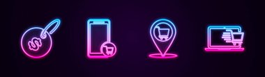 Fiyat etiketini dolar, cep telefonu ve alışveriş arabası, yer ve alışveriş dizüstü bilgisayarı ile ayarla. Parlayan neon ikonu. Vektör.