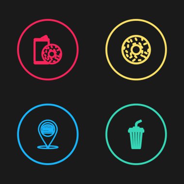 Çizgiyi hamburger, cam su, donut ve alüminyum soda ve çörek ikonu ile belirleyin. Vektör.