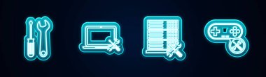 Satır satırı tornavida ve anahtar, Laptop servisi, Veritabanı sunucusu ve Gamepad 'i ayarla. Parlayan neon ikonu. Vektör.