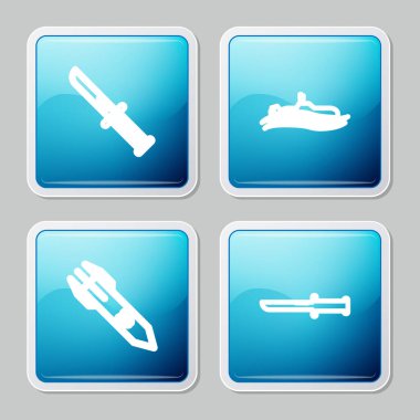 Askeri bıçak, denizaltı, biyolojik tehlike roketi ve ikonu hazırlayın. Vektör.