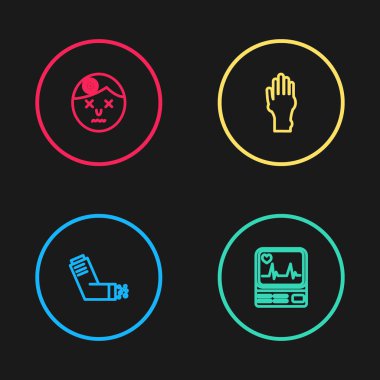 Solunum cihazını ayarla, kardiyogramlı monitör, el sedef hastalığı ve baş ağrısı ikonu olan bir adam. Vektör.