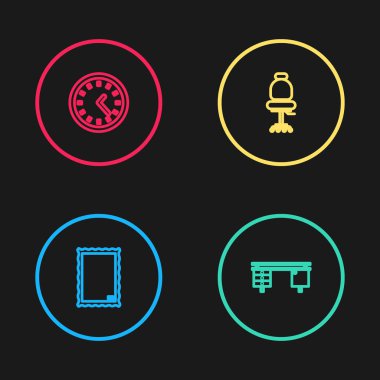 Resim, ofis masası, sandalye ve saat simgesini ayarla. Vektör.