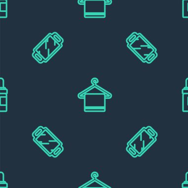 Havluyu askıya, aynaya ve sakallı bıyıklı yağ şişesine yerleştirin. Vektör.