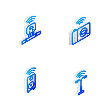 Isometric hattını ayarlayın. Akıllı fotoğraf makinesi, sensör, stereo hoparlör ve sokak lambası ikonu. Vektör