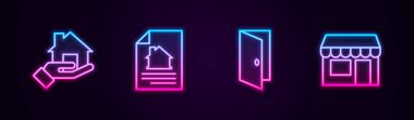 Emlakçı, ev sözleşmesi, kapalı kapılar ve market. Parlayan neon ikonu. Vektör
