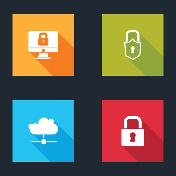 Nastavit Zámek Monitoru Počítače Síťové Cloudové Připojení Ikonu Vektor — Stockový vektor