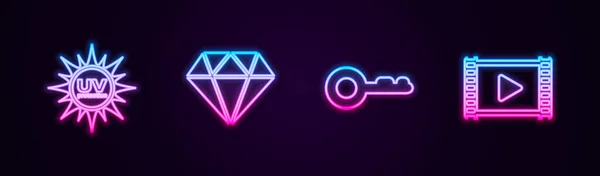 Установите Защиту Излучения Diamond Key Play Video Светящаяся Неоновая Икона — стоковый вектор
