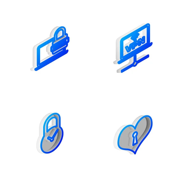 Stel Isometrische Lijn Vpn Computer Netwerk Laptop Met Wachtwoord Hangslotklok — Stockvector