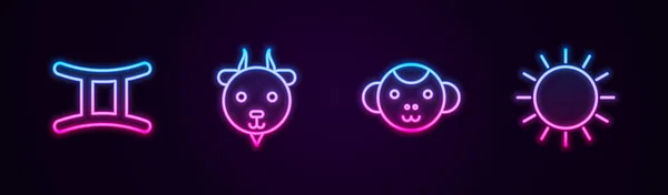 Set Line Gemini Zodiac Aries Monkey Sun Glowing Neon Icon — Stock Vector