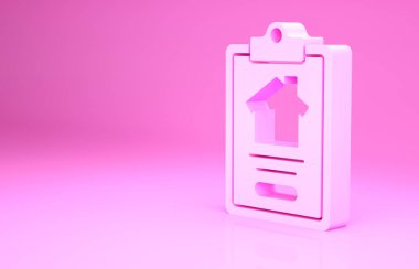 Pembe Ev kontrat ikonu pembe arka planda izole edilmiş. Sözleşme oluşturma hizmeti, belge oluşumu, başvuru formu bileşimi. Minimalizm kavramı. 3d illüstrasyon 3B canlandırma
