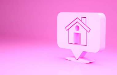 Pembe arka planda ev simgesi olan pembe harita işaretçisi. Ev konumu belirleyici sembol. Minimalizm kavramı. 3d illüstrasyon 3B canlandırma