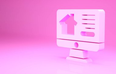 Pink Online emlak evi pembe arka planda izole edilmiş monitör ikonunda. Ev kredisi konsepti, kira, satın alma, mülk alma. Minimalizm kavramı. 3d illüstrasyon 3B canlandırma