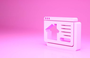 Pembe arka planda izole edilmiş tarayıcı simgesindeki Pink Online emlak evi. Ev kredisi konsepti, kira, satın alma, mülk alma. Minimalizm kavramı. 3d illüstrasyon 3B canlandırma
