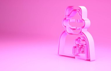 Pembe arka planda bira ikonu olan mutlu bir adam. Minimalizm kavramı. 3d illüstrasyon 3B canlandırma