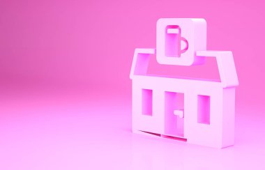 Pembe mağaza binası, pembe arka planda izole edilmiş bira dükkanı ikonu. Bira fabrikası tabelası. Minimalizm kavramı. 3d illüstrasyon 3B canlandırma