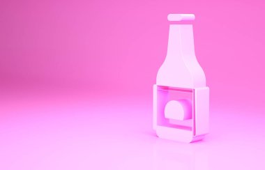 Pembe bira şişesi ikonu pembe arka planda izole edilmiş. Minimalizm kavramı. 3d illüstrasyon 3B canlandırma