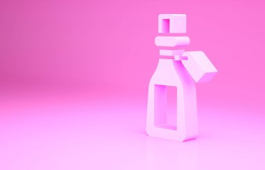 Pembe esaslı yağ şişesi ikonu pembe arka planda izole edilmiş. Organik aromaterapi özü. Cilt bakımı serumu cam bırakma paketi. Minimalizm kavramı. 3d illüstrasyon 3B canlandırma