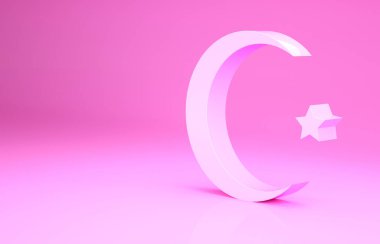 Pembe Yıldız ve Hilal. Pembe arka planda izole edilmiş İslam ikonunun sembolü. Din sembolü. Minimalizm kavramı. 3d illüstrasyon 3B canlandırma