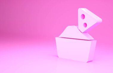 Pembe arka planda izole edilmiş kase ikonunda pembe cips. Tortilla cipsi veya nachos tortilla. Geleneksel Meksika fast food menüsü. Minimalizm kavramı. 3d illüstrasyon 3B canlandırma