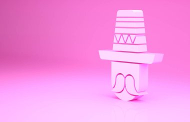 Pembe arka planda izole edilmiş sombrero ikonu giyen Meksikalı bir adam. Bıyıklı İspanyol adam. Minimalizm kavramı. 3d illüstrasyon 3B canlandırma