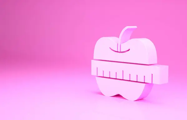 Pink Apple en meetlint pictogram geïsoleerd op roze achtergrond. Overgewicht. Gezond dieet menu. Fitness dieetappel. Minimalisme concept. 3d illustratie 3D renderen — Stockfoto