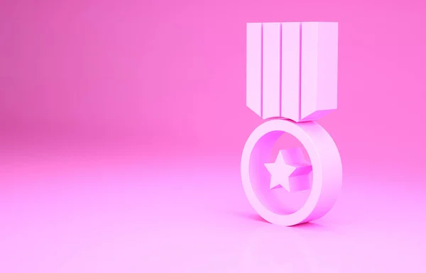 Icona della medaglia rosa isolata su sfondo rosa. Segno di vittoria. Medaglia d'oro. Concetto minimalista. Illustrazione 3d rendering 3D — Foto Stock