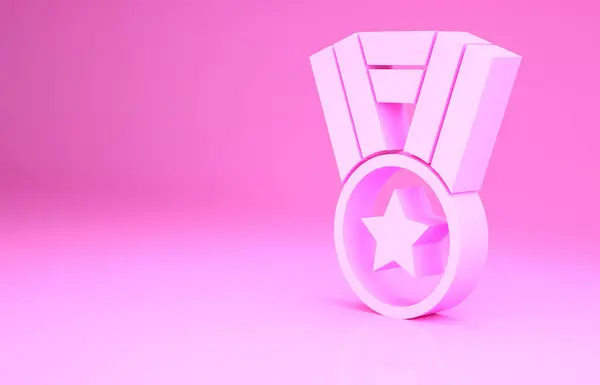 Ícone da medalha rosa isolado no fundo rosa. Assinatura de conquista do vencedor. Medalha de prémio. Conceito de minimalismo. 3D ilustração 3D render — Fotografia de Stock