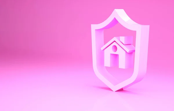 Рожевий дім з щитовим іконом, ізольованим на рожевому тлі. Концепція страхування. Безпека, безпека, захист, захист. Концепція мінімалізму. 3D-рендеринг — стокове фото
