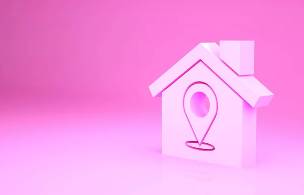 핑크 맵 포인터에 집의 아이콘이 핑크 배경에 분리되어 있습니다. 홈 위치 표시 기호. 미니멀리즘의 개념입니다. 3d 삽화 3D 렌더링 — 스톡 사진