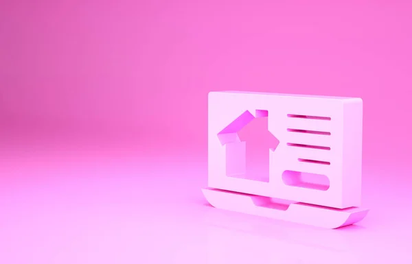 Pink Online casa de bienes raíces en el icono del ordenador portátil aislado sobre fondo rosa. Concepto de préstamo hipotecario, alquiler, compra, compra de una propiedad. Concepto minimalista. 3D ilustración 3D render — Foto de Stock