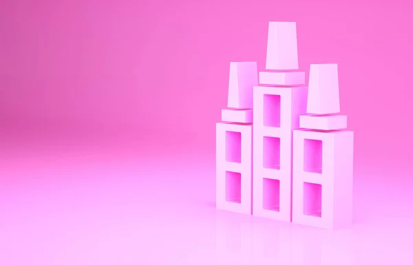 粉色摩天大楼图标孤立在粉红色的背景。大都市建筑全景景观.最低纲领的概念。3D渲染3D插图 — 图库照片