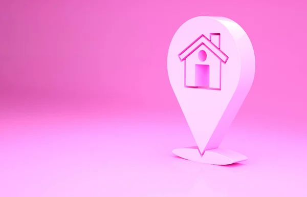 Puntero de mapa rosa con icono de la casa aislado sobre fondo rosa. Símbolo de marcador de ubicación. Concepto minimalista. 3D ilustración 3D render — Foto de Stock
