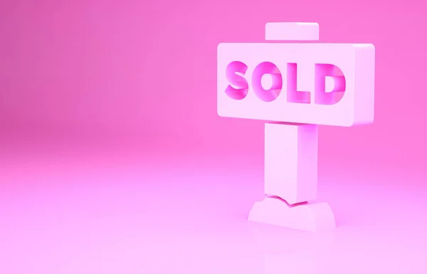 Розовый висячий знак с текстом Продается значок изолирован на розовом фоне. Продал наклейку. Продал вывеску. Концепция минимализма. 3D-рендеринг — стоковое фото