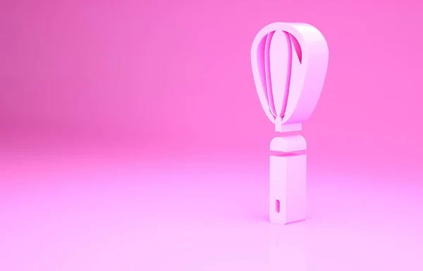 Icono de batidor de cocina rosa aislado sobre fondo rosa. Utensil de cocina, batidor de huevos. Signo de cubertería. Comida mezcla símbolo. Concepto minimalista. 3D ilustración 3D render — Foto de Stock