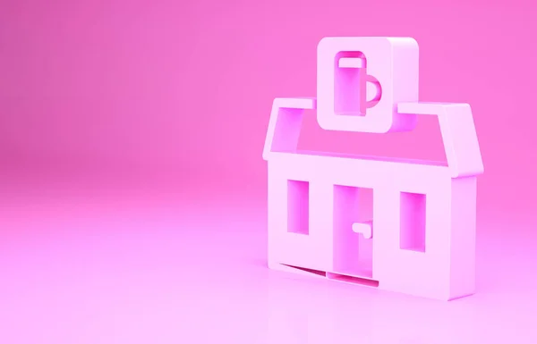 Pink Store budova ikony pivnice izolované na růžovém pozadí. Pivovarská značka. Minimalismus. 3D ilustrace 3D vykreslení — Stock fotografie