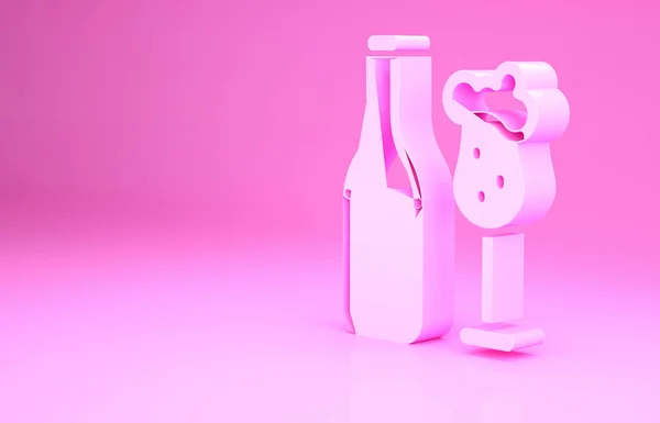 Růžové pivo láhev a skleněná ikona izolované na růžovém pozadí. Symbol alkoholického nápoje. Minimalismus. 3D ilustrace 3D vykreslení — Stock fotografie