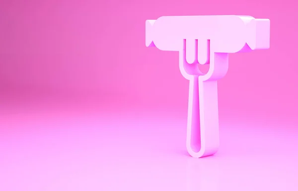 Ροζ λουκάνικο στο εικονίδιο πιρούνι απομονώνονται σε ροζ φόντο. Σχάρα λουκάνικο και άρωμα. Μινιμαλιστική έννοια. 3d απεικόνιση 3D καθιστούν — Φωτογραφία Αρχείου