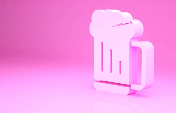 Icona della tazza di birra in legno rosa isolata su sfondo rosa. Concetto minimalista. Illustrazione 3d rendering 3D — Foto Stock